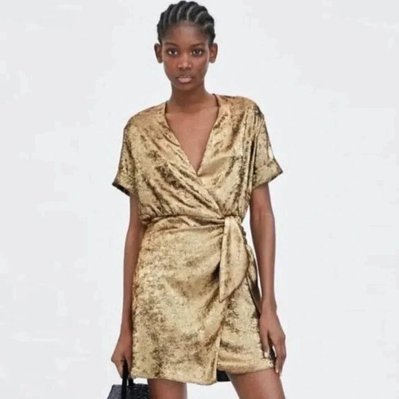 ZARA Gold Mini Dress Tie Waist - Picture 4 of 9